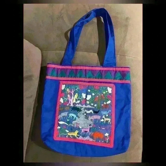 Quilted Blue Tote Bag with Animal Embroidery Boho Chic Anthropologie Style - Picture 2 of 8